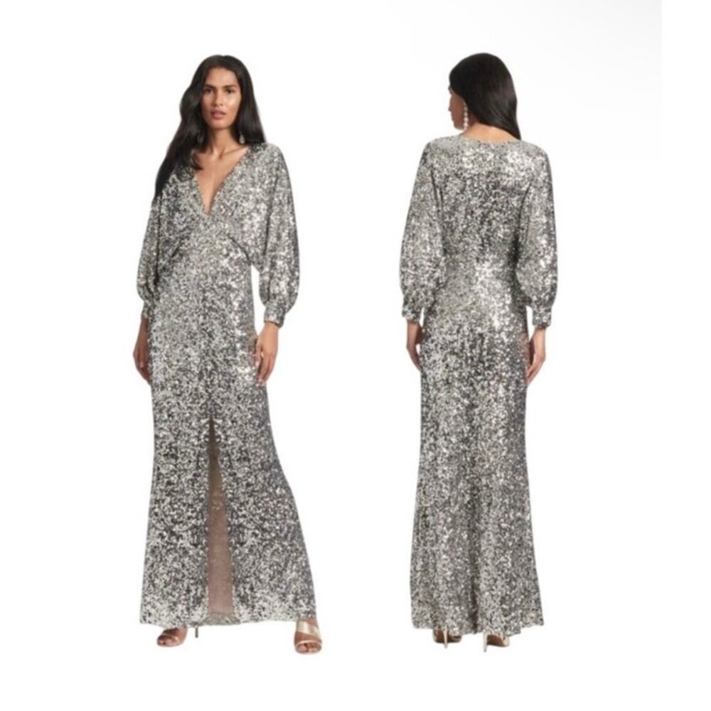 Sachin + Babi Size 2 Silver Sequin Gabby Glitter Long Sleeve V Neck Gown NEW NWD
